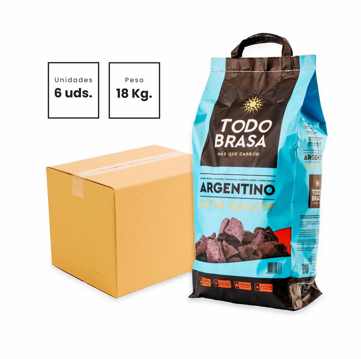 Carbón argentino Todo Brasa – 6 bolsas de 3 kg (18 kg)